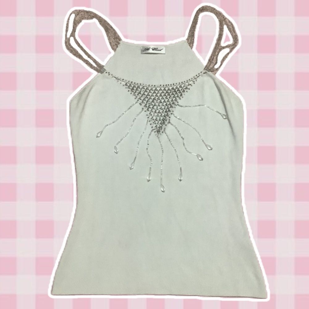 Y2K White Beaded Strap McBling Angelcore Bratzcore 2000s Dainty Feminine Tank L